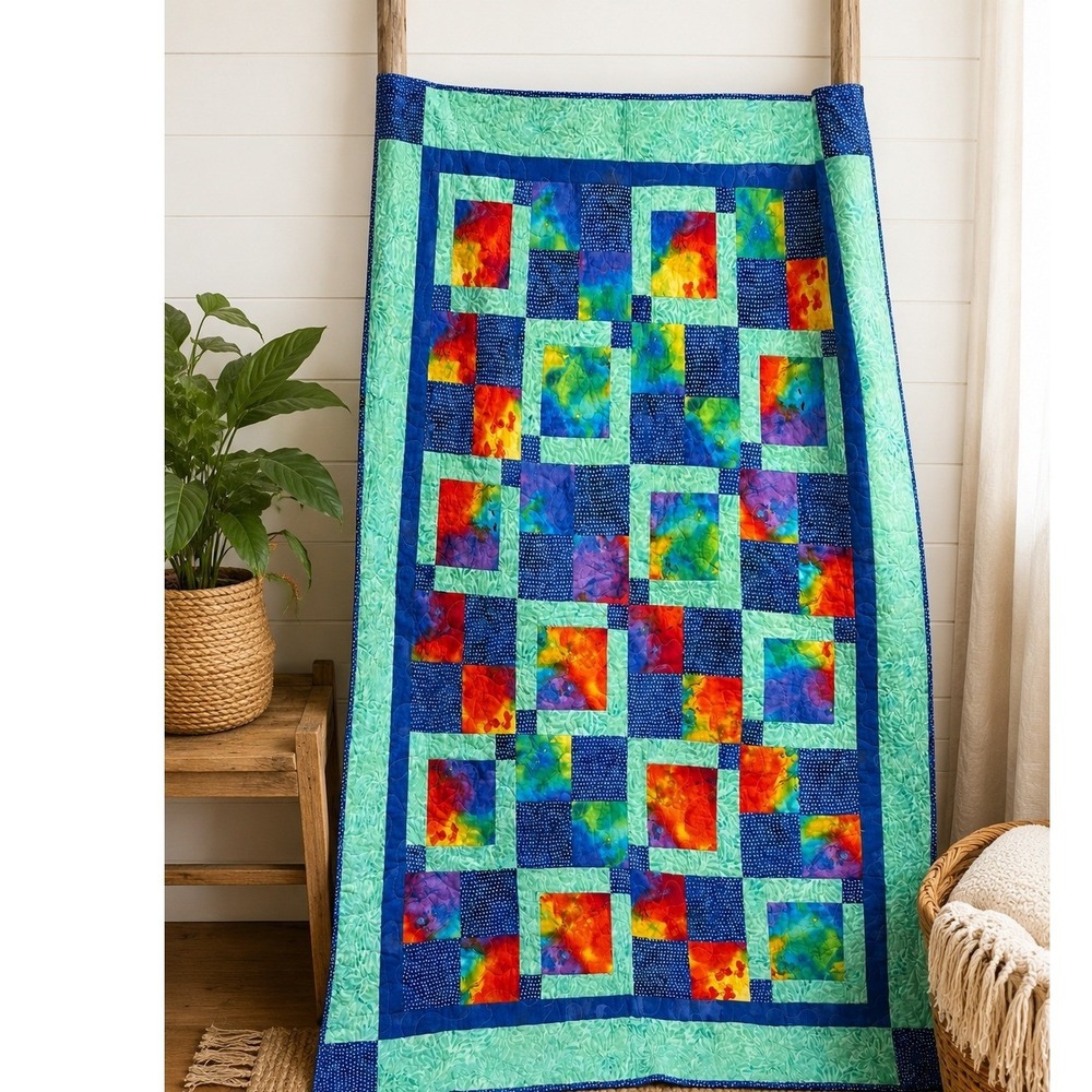 Handmade Batik Topper Quilt 44x60 Reversible Rainbow Patchwork Throw
